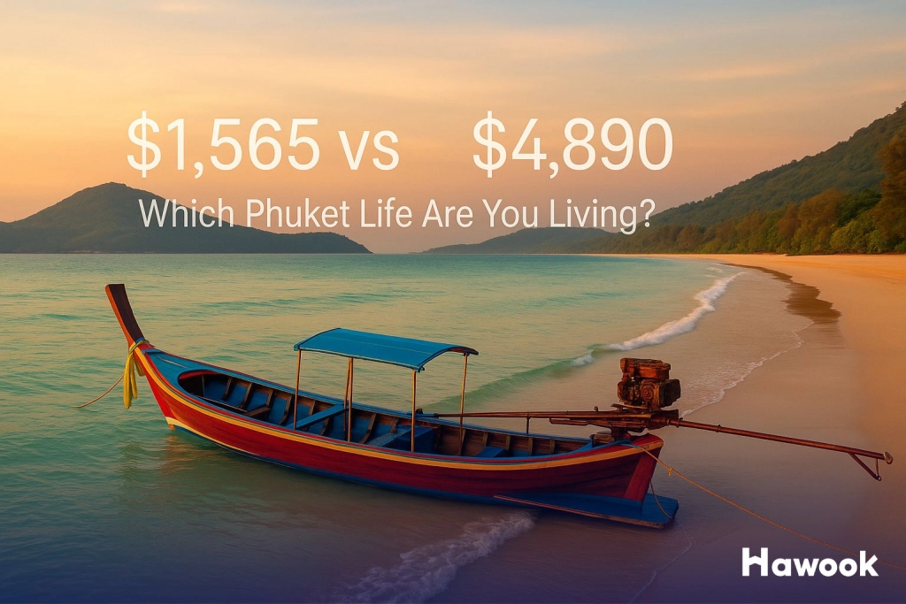 Traditional Thai long-tail boat on a Phuket beach at sunset with text overlay comparing budget and luxury living costs: "$1,565 vs $4,890 – Which Phuket Life Are You Living?"