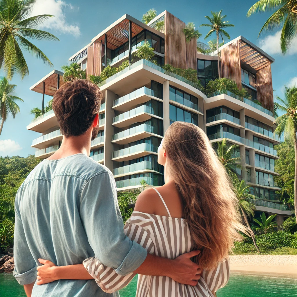 💰 Investing Guides, 🏝 Lifestyle & Tourism, 📍 Neighborhood Guides | 75% Foreign Condo Ownership in Thailand: Are You Ready for the Shift? A foreign couple standing together with their backs turned, looking at a modern condo property building in Phuket, Thailand. The building has a tropical modern style. A foreign condo ownership of the future. Discover The Newest Property in Asia