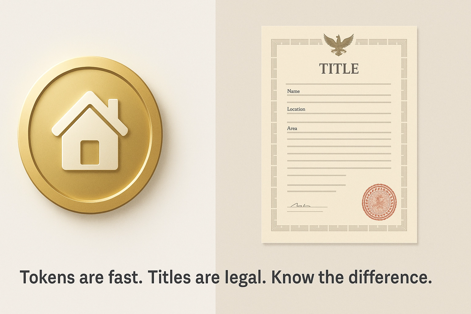 Side-by-side comparison of a blockchain property token and a traditional legal land title document