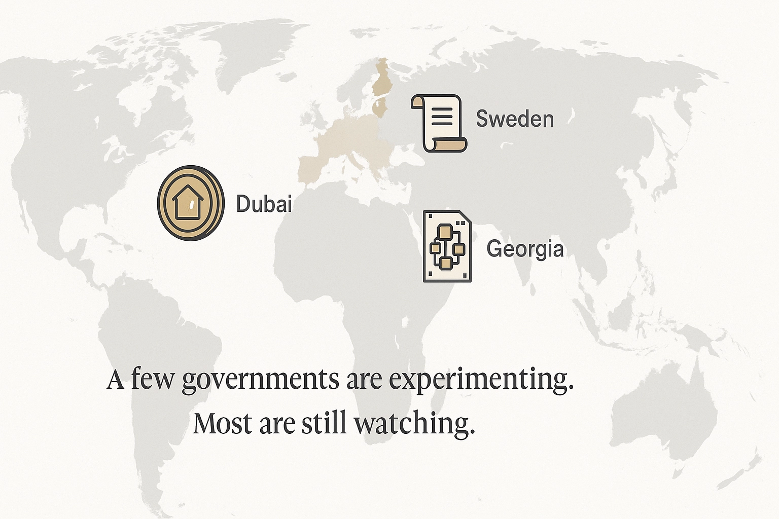 Map highlighting countries using blockchain for land title projects, including Dubai, Georgia, and Sweden
