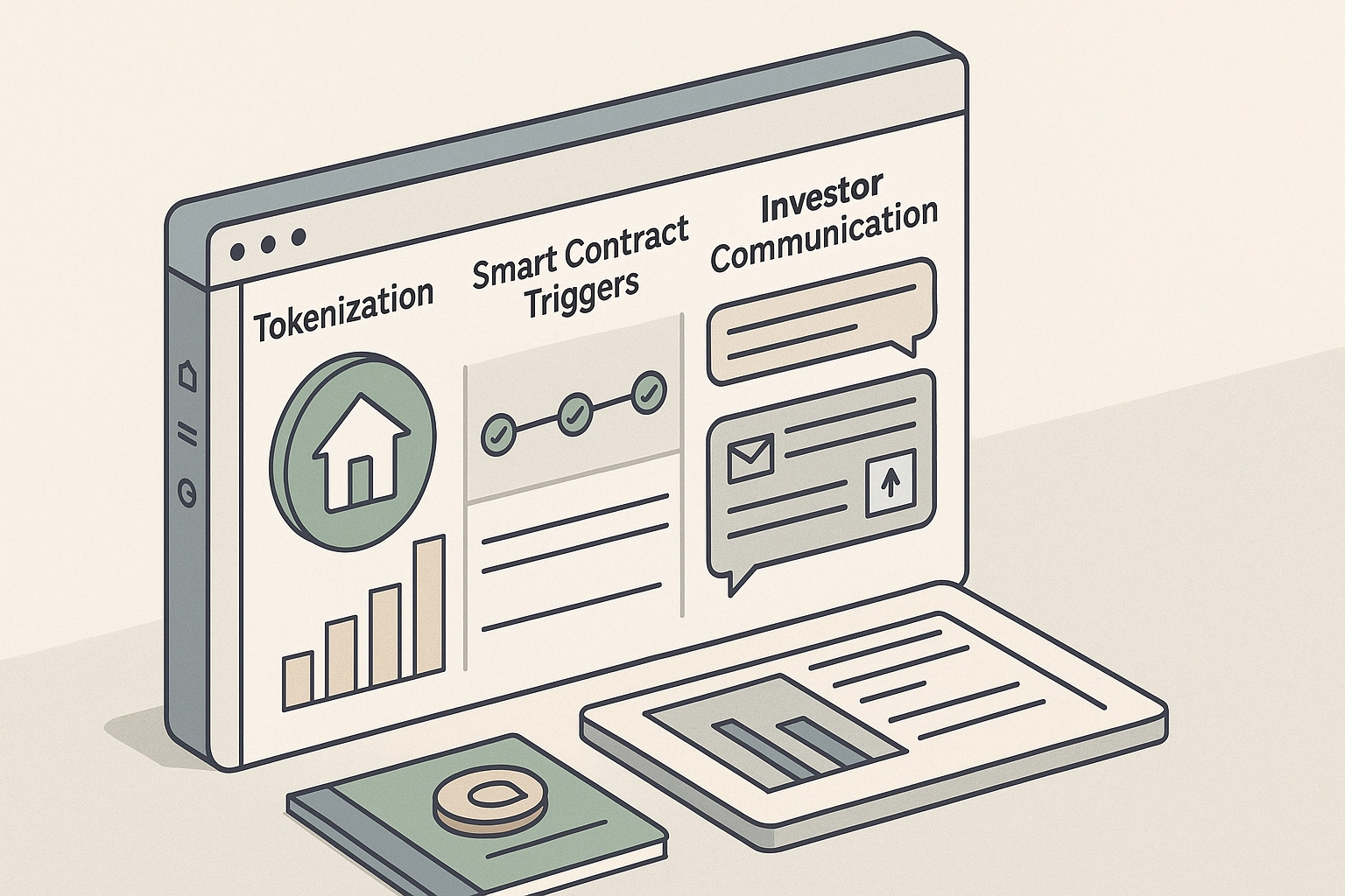 Isometric illustration of a developer dashboard showing blockchain tools for real estate including tokenisation, smart contracts, and investor communications