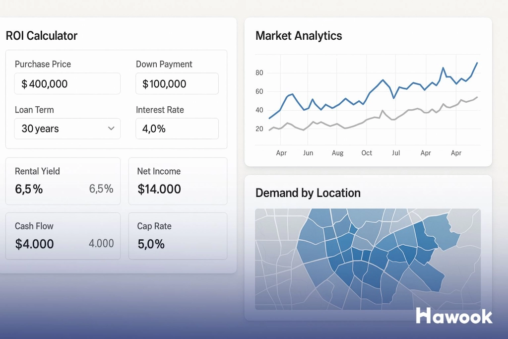 Digital property investment dashboard with ROI calculator, market analytics, and location demand heatmap, representing the future of property through proptech tools.