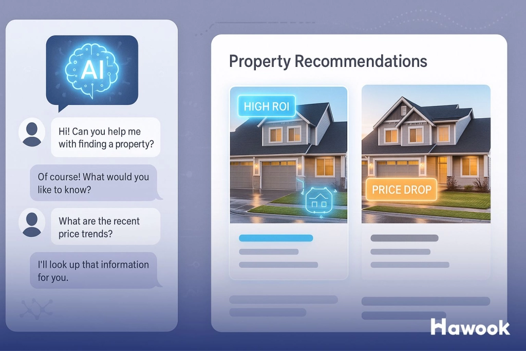 AI-powered property assistant showing chat interaction and real estate recommendations for high ROI and price drops, representing the future of property search with proptech.