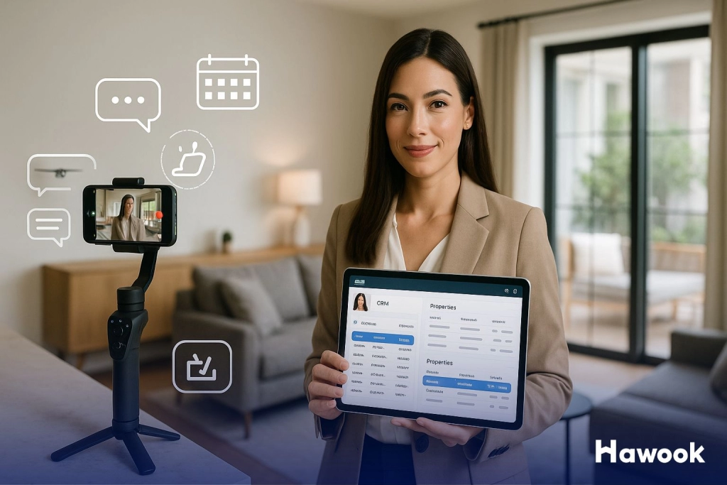 Real estate agent livestreaming with a smartphone and holding a tablet showing a CRM dashboard and property listings, illustrating proptech tools for agents and agencies.