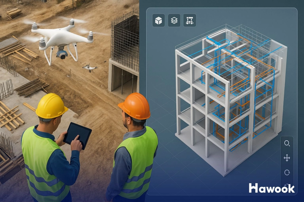 Construction workers using drones and tablets with 3D Building Information Modelling (BIM) interface, illustrating proptech innovations in the future of property development.