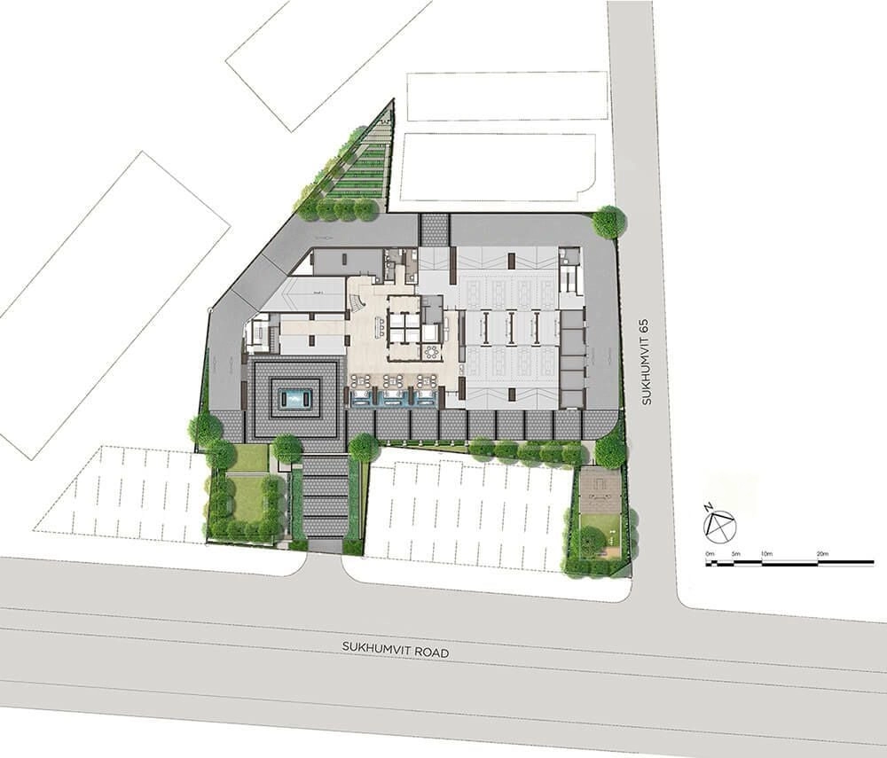 Condo master plan in Thailand showing building layout, access points, and amenities