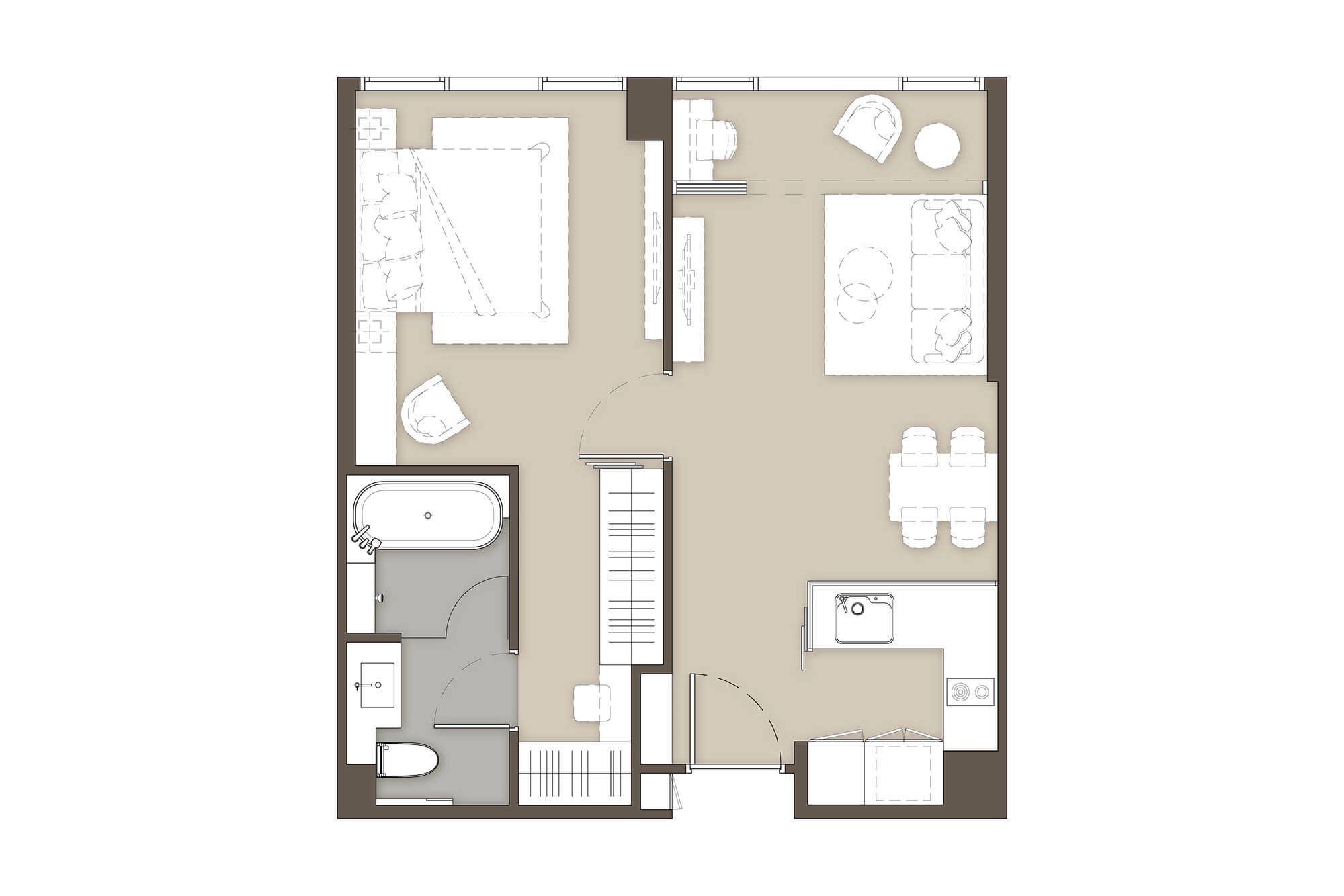 1-bedroom condo unit plan in Thailand showing living, kitchen, and bathroom layout