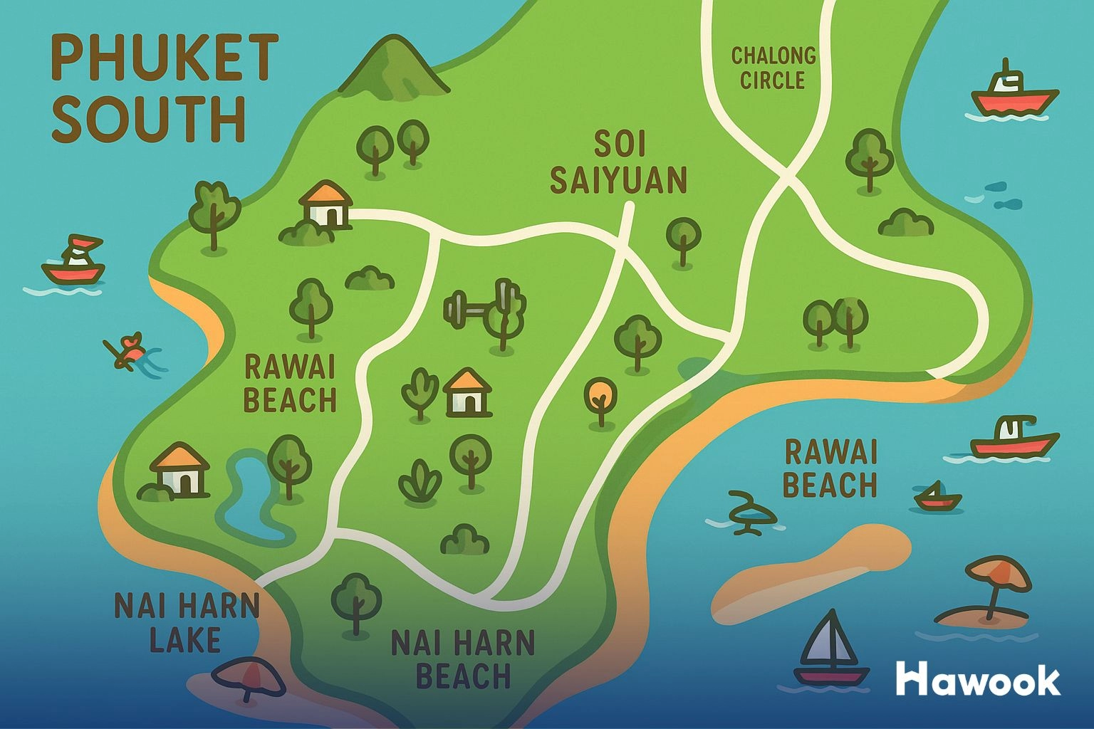Stylised illustrated map of southern Phuket showing key lifestyle zones in Rawai and Nai Harn — ideal for investing in Rawai & Nai Harn.