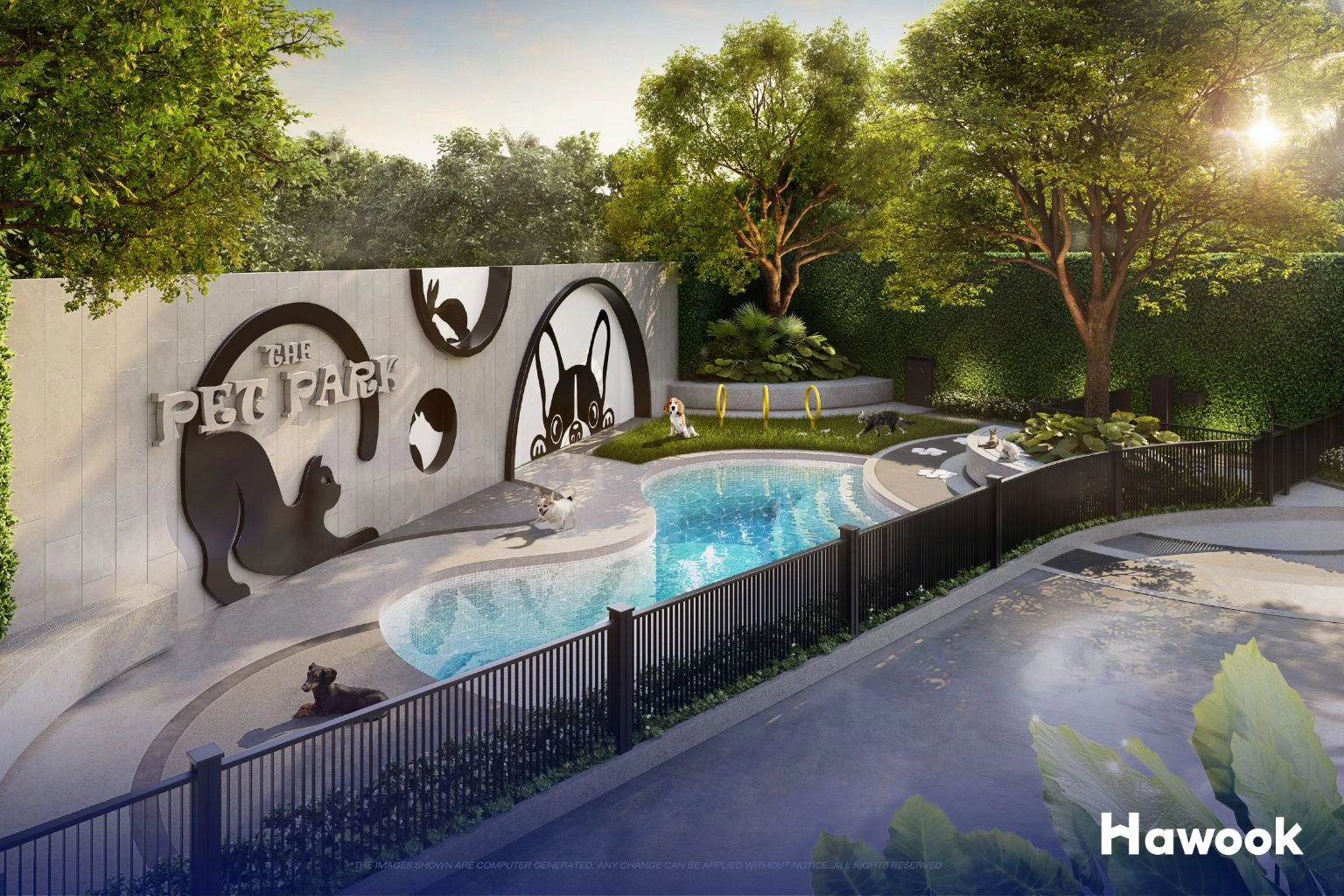 Pet-friendly condo in Thailand with a private dog park and pool, ideal for foreigners buying property