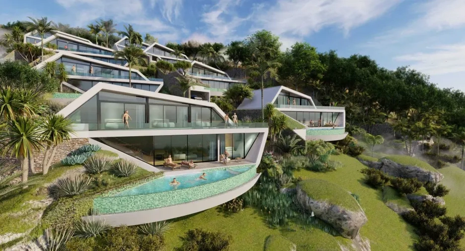 Luxury hillside villas with infinity pools, showcasing a prime real property investment opportunity for building wealth through real estate.