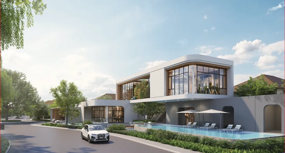 Contemporary BKK house development with a modern clubhouse and outdoor swimming pool.