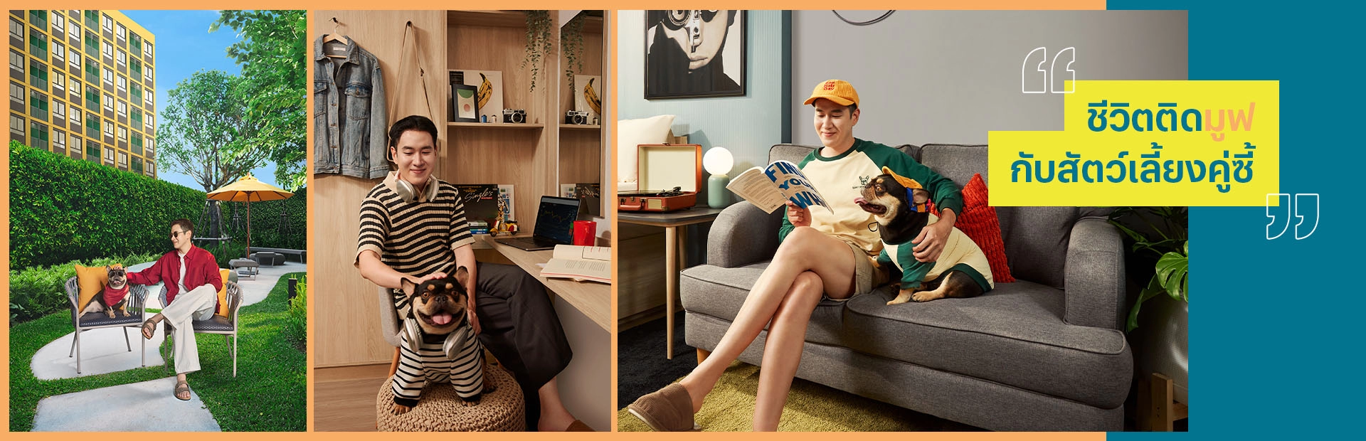 Pet owner relaxing with dogs in a Muve Paw by Sansiri pet friendly condo