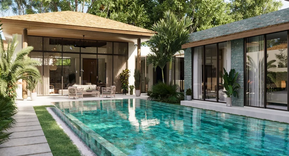 Tropical luxury pool villa at Palm Breeze Layan Villas in Phuket with lush landscaping and modern Thai design