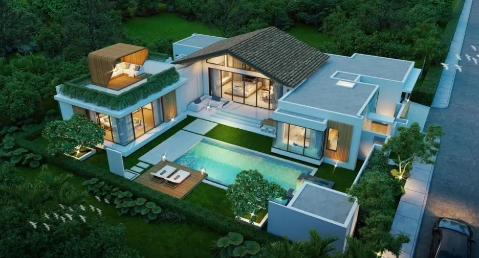 Modern Phuket luxury villa at Luna Vista by Wilawan with private pool, rooftop terrace, and garden landscaping