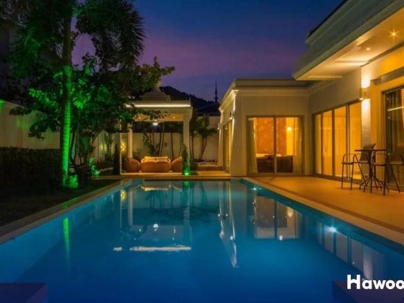 Luxury pool villa at night in Rawai property development, Phuket