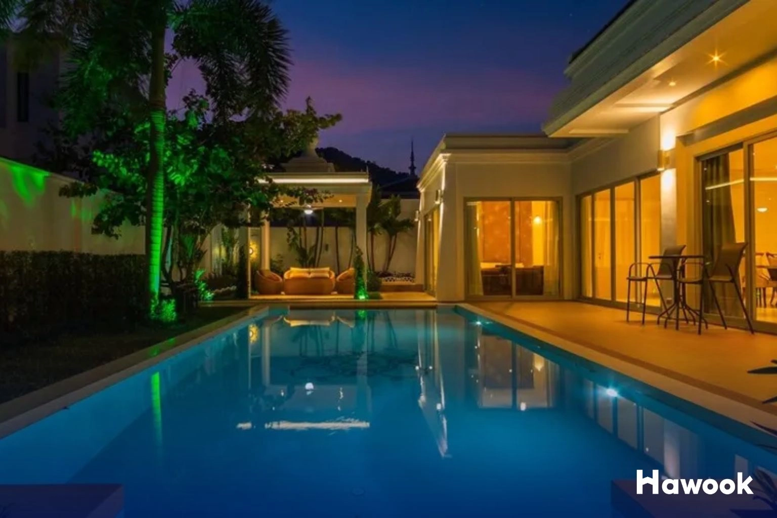 Luxury pool villa at night in Rawai property development, Phuket