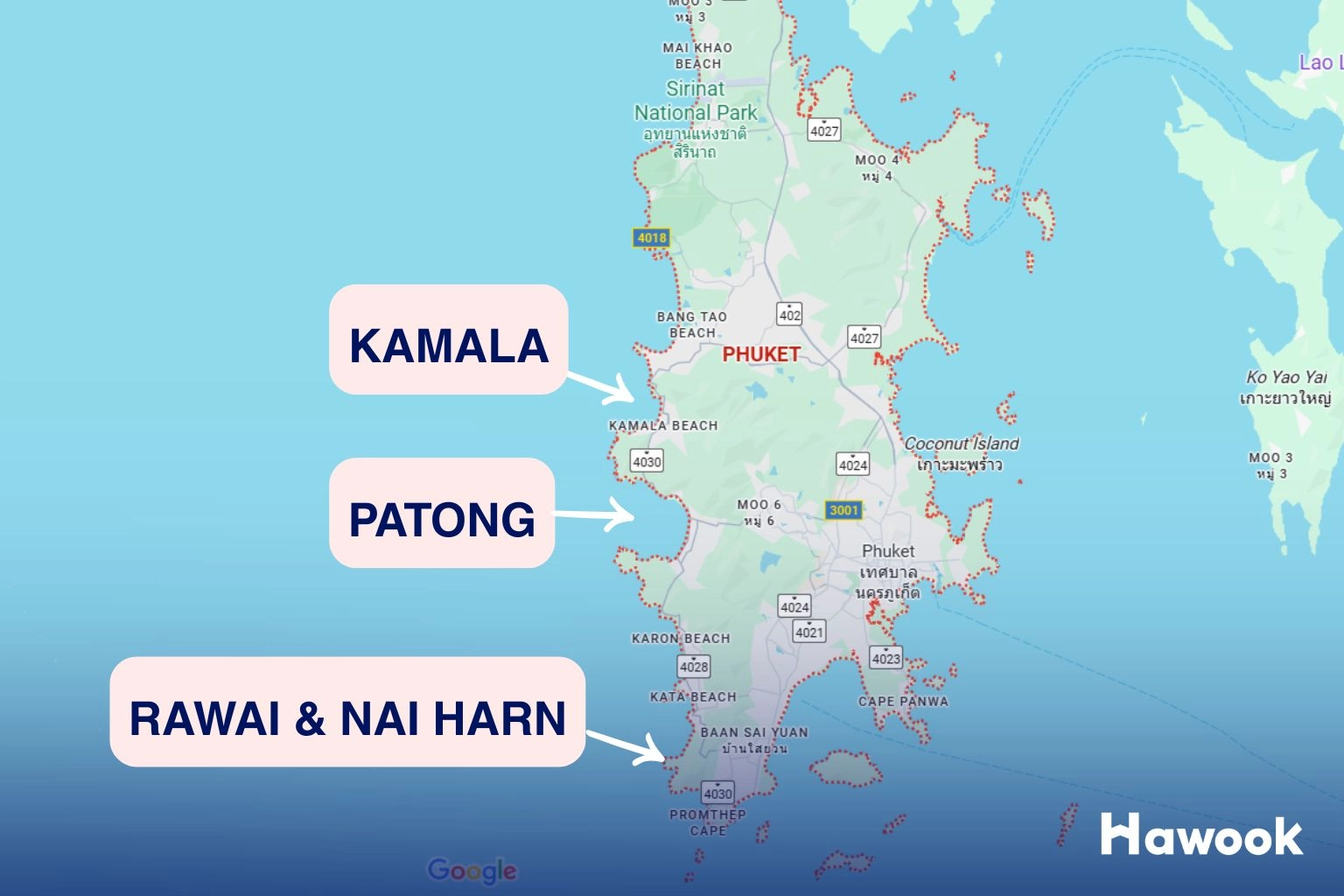 Map of Phuket highlighting Kamala, Patong, Rawai, and Nai Harn as key areas for short-term rental management.