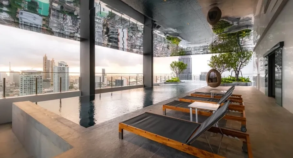 π° Investing Guides | Thailand Property Investment vs. S&P 500: Why Investors Still Buy Bangkok rooftop pool at a luxury condominium, highlighting lifestyle value in Thailand Property Investment.
