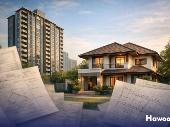 Buying property in Thailand as a foreigner, showing a condominium and a house with land documents