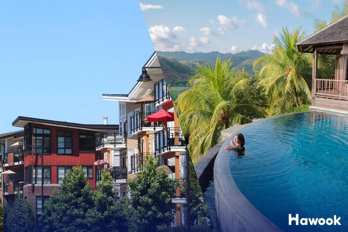 Condos vs Villas in Phuket comparison showing modern condo buildings and a private pool villa