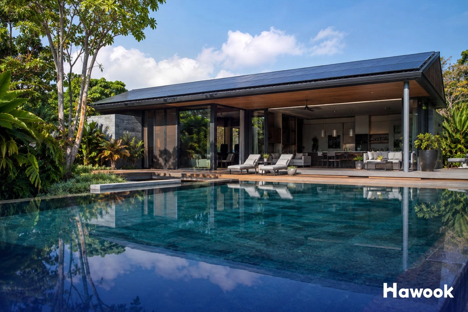 Modern smart grid eco villa in Phuket with rooftop solar panels, tropical landscaping, and luxury pool design