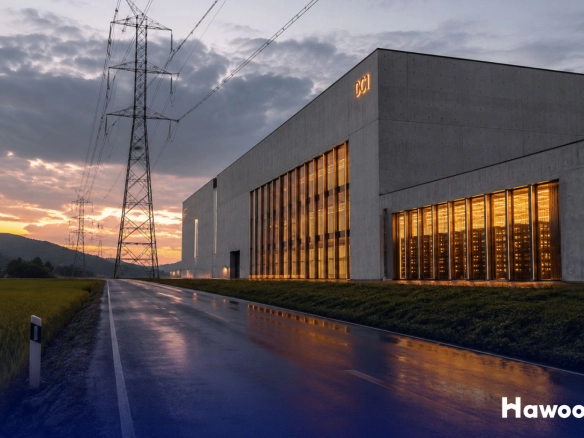 Large modern data center facility in Thailand surrounded by power lines and industrial infrastructure during sunset