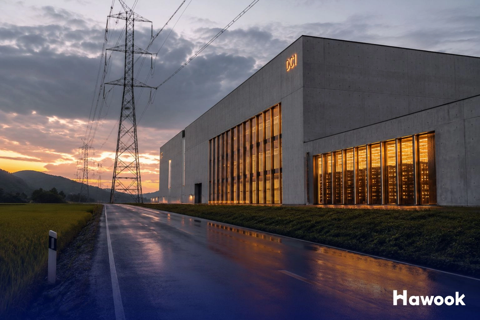 Large modern data center facility in Thailand surrounded by power lines and industrial infrastructure during sunset