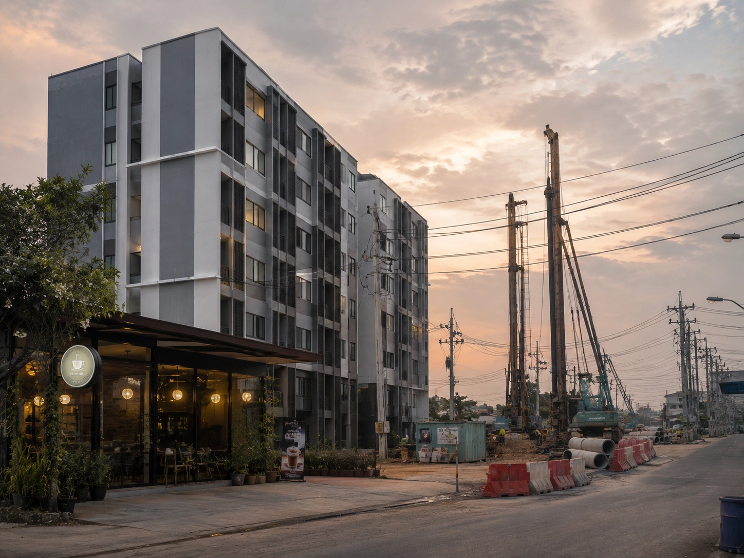New residential apartment buildings beside active infrastructure construction in Thailand
