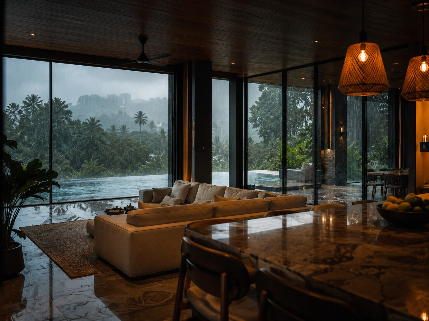 Luxury smart grid eco villa interior in Phuket during tropical monsoon season with energy-efficient design and panoramic jungle views