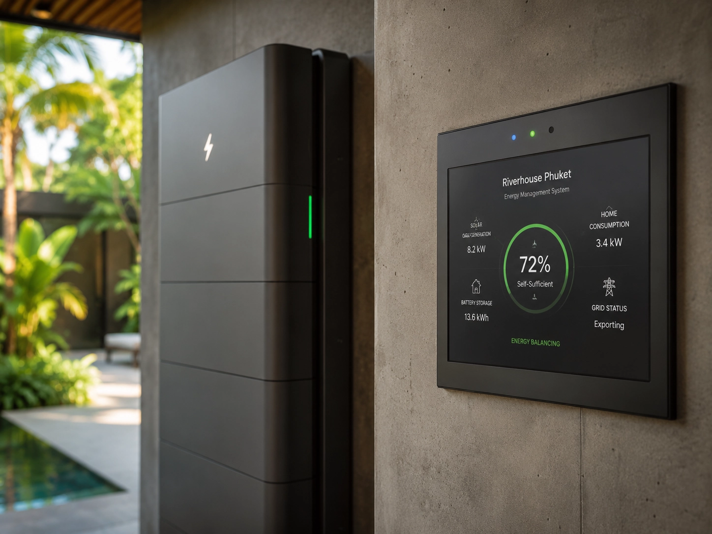 Smart energy management system and battery storage inside a luxury smart grid eco villa in Phuket