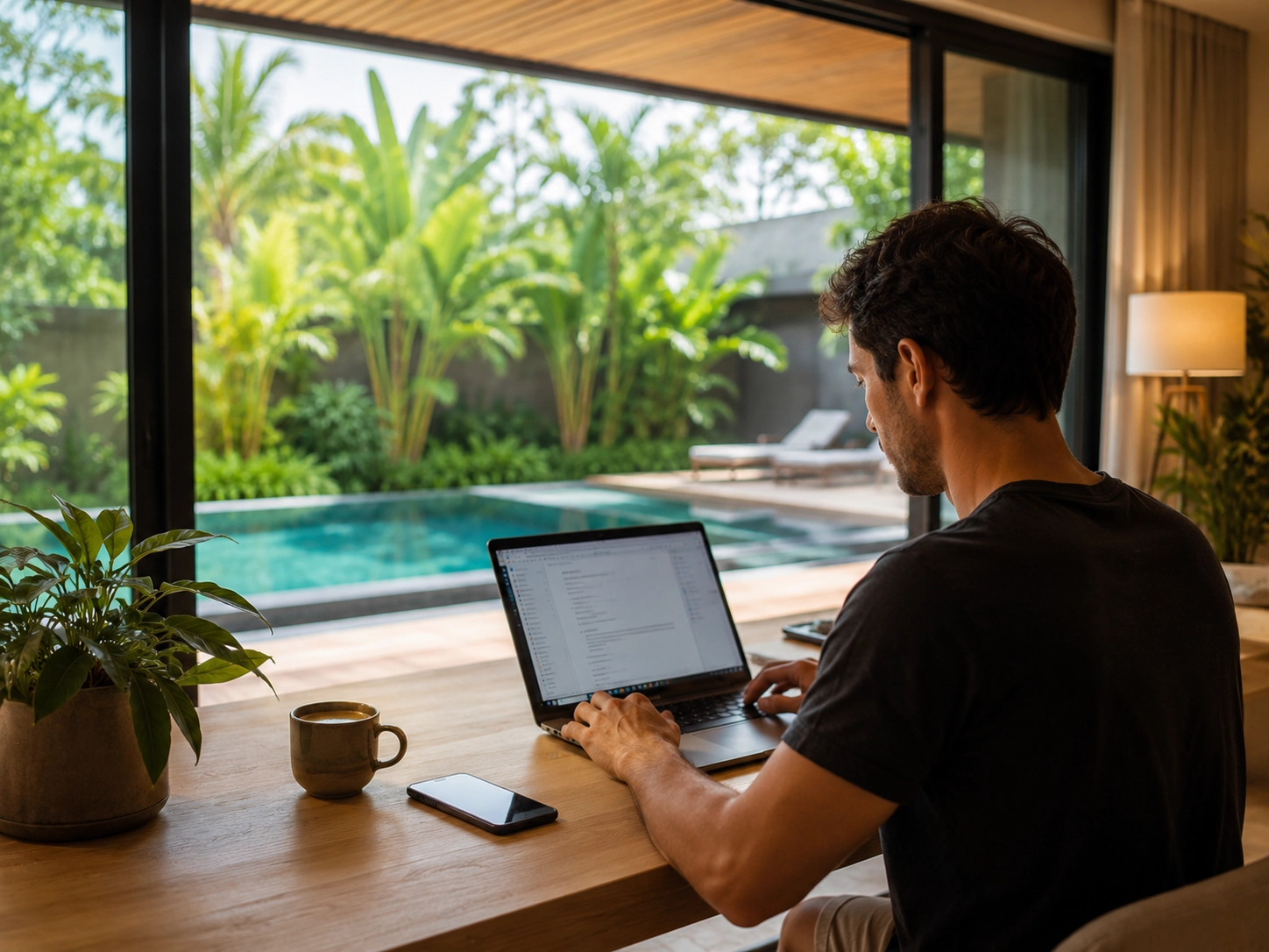 Remote worker inside a luxury smart grid eco villa in Phuket with tropical pool view and energy-efficient home design