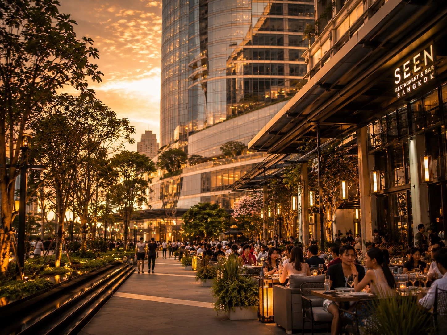 🌏 SEA Market Insights | The Quiet Shift Happening Across Southeast Asia Real Estate Modern mixed-use development in Southeast Asia featuring outdoor dining, retail spaces, and pedestrian-friendly urban design at sunset.