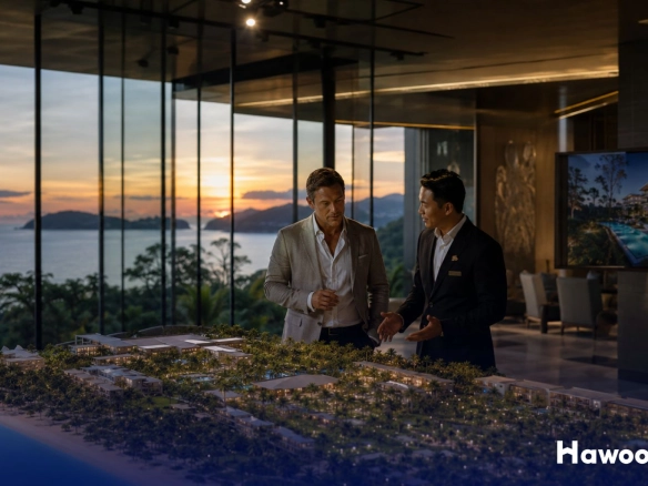 A real estate agent showing an international buyer an architectural scale model of a property development in a luxury sales gallery overlooking the Phuket coast at sunset, highlighting the debate of branded residences vs unbranded condos.
