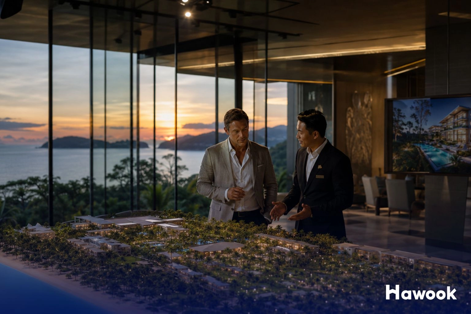 A real estate agent showing an international buyer an architectural scale model of a property development in a luxury sales gallery overlooking the Phuket coast at sunset, highlighting the debate of branded residences vs unbranded condos.