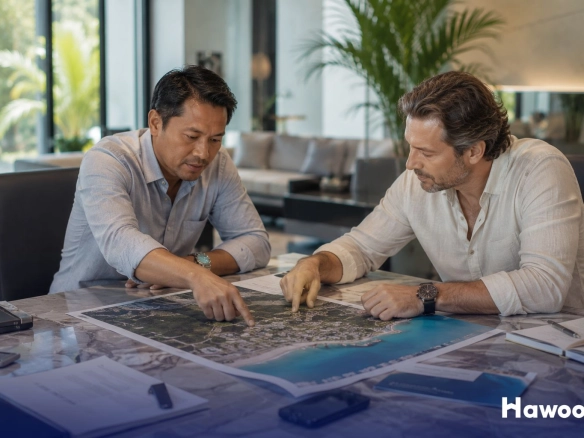 Property consultant discussing Phuket real estate ownership with a foreign buyer during the Thailand nominee company crackdown.