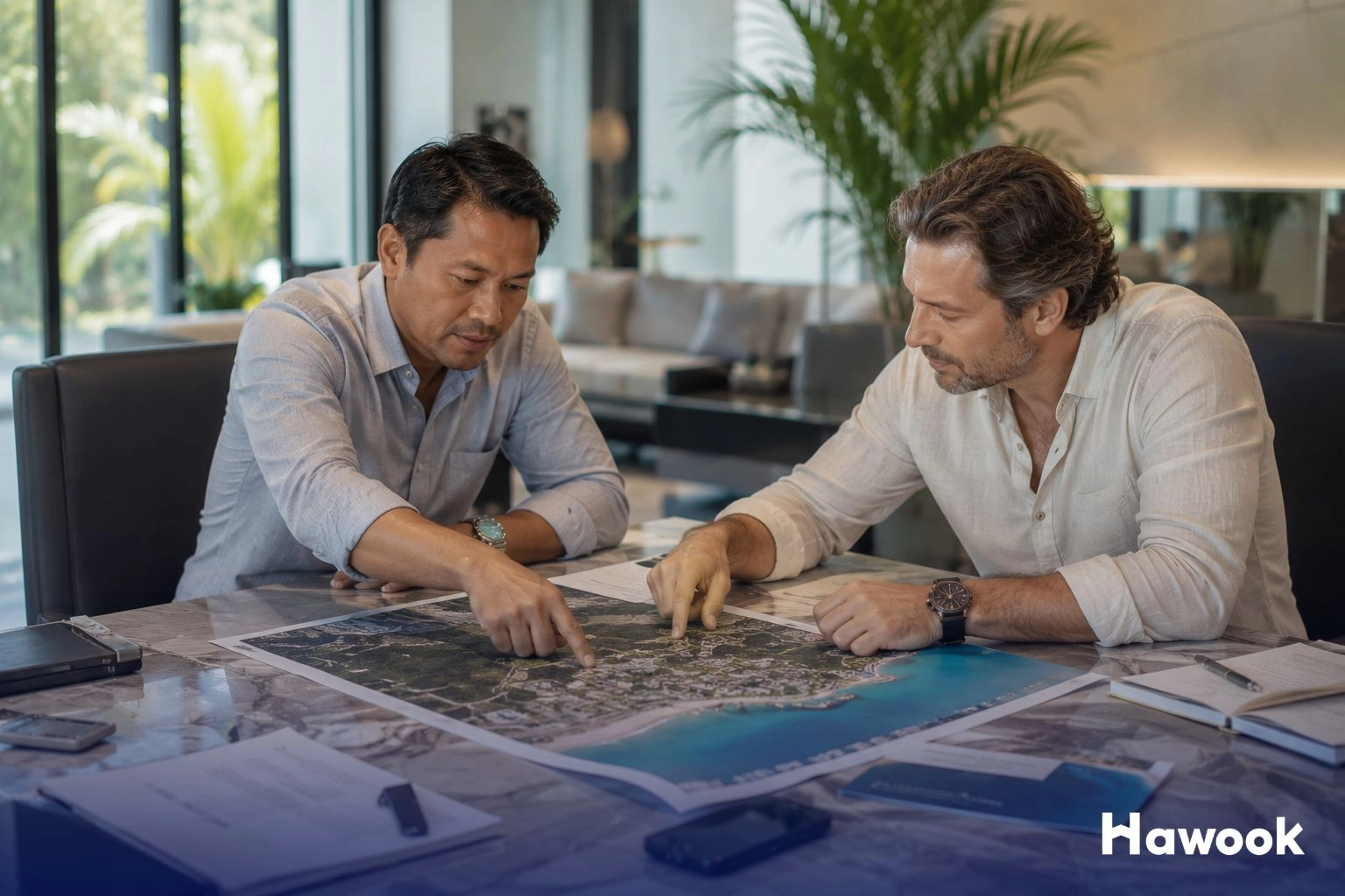 Property consultant discussing Phuket real estate ownership with a foreign buyer during the Thailand nominee company crackdown.