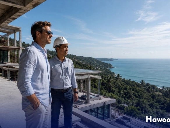 Foreign property investor and Thai construction professional overlooking a luxury villa development in Phuket while discussing property ownership structures.