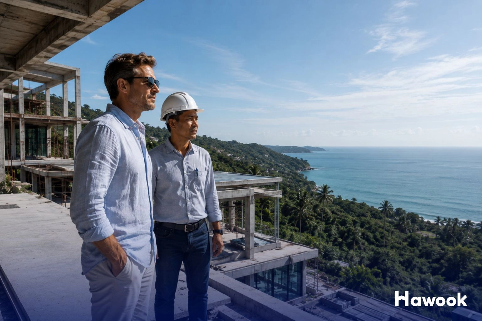 💸 Financing & Legal, 💰 Investing Guides | Thailand Property Ownership for Foreigners in 2026: What Changed After the Nominee Company Crackdown? Foreign property investor and Thai construction professional overlooking a luxury villa development in Phuket while discussing property ownership structures.
