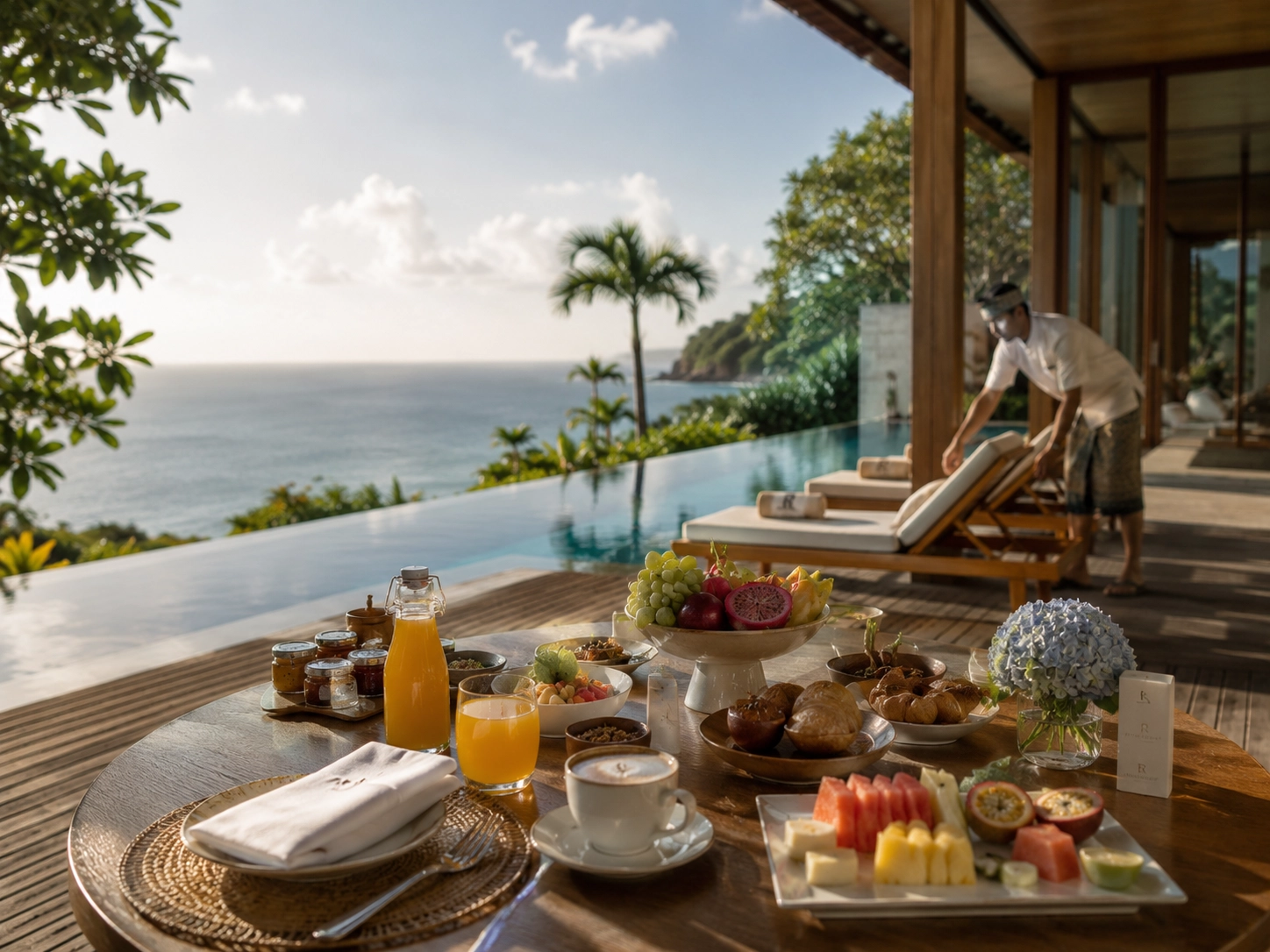 💰 Investing Guides, 🌏 SEA Market Insights | Branded Residences vs Unbranded Condos: Is the Premium Worth Paying? A lavish tropical breakfast spread served on a wooden table at a private luxury villa pool deck, showing hotel-style concierge service that differentiates branded residences vs unbranded condos.
