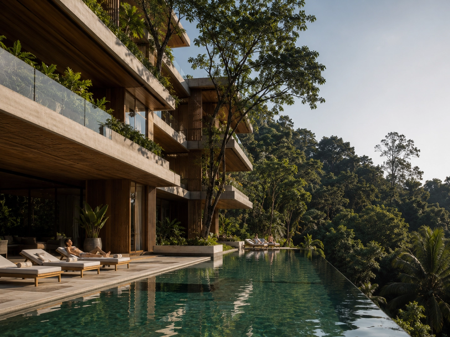 💰 Investing Guides, 🌏 SEA Market Insights | Branded Residences vs Unbranded Condos: Is the Premium Worth Paying? A multi-story premium unbranded condo development featuring minimalist concrete and teak architecture integrated into a lush tropical hillside forest next to an infinity pool.