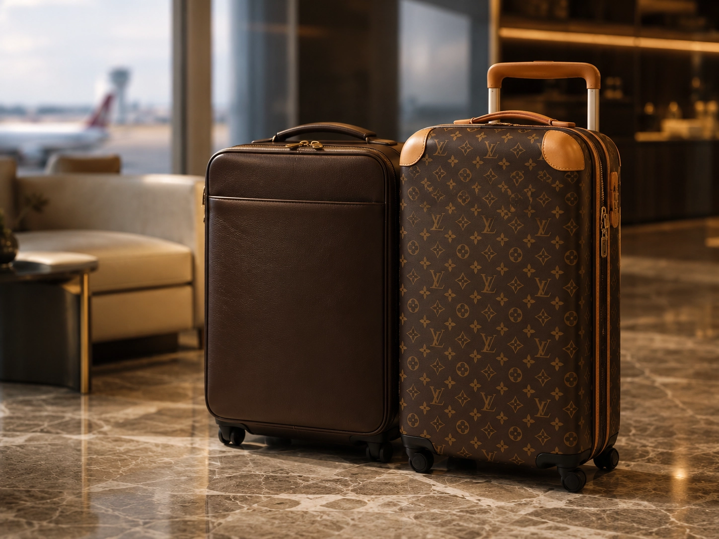 💰 Investing Guides, 🌏 SEA Market Insights | Branded Residences vs Unbranded Condos: Is the Premium Worth Paying? Two premium luxury suitcases sitting side-by-side on a polished marble floor in an airport lounge, illustrating the pricing premium comparison of branded residences vs unbranded condos.