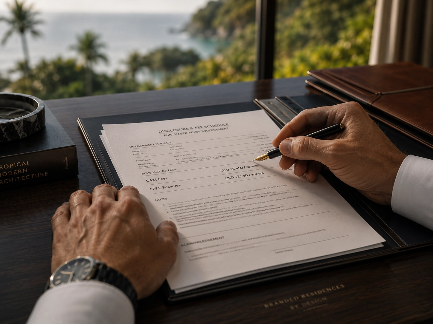 💰 Investing Guides, 🌏 SEA Market Insights | Branded Residences vs Unbranded Condos: Is the Premium Worth Paying? An investor's hands holding a fountain pen over a real estate disclosure contract showing CAM Fees and FF&E Reserves, highlighting the hidden costs of branded residences vs unbranded condos.