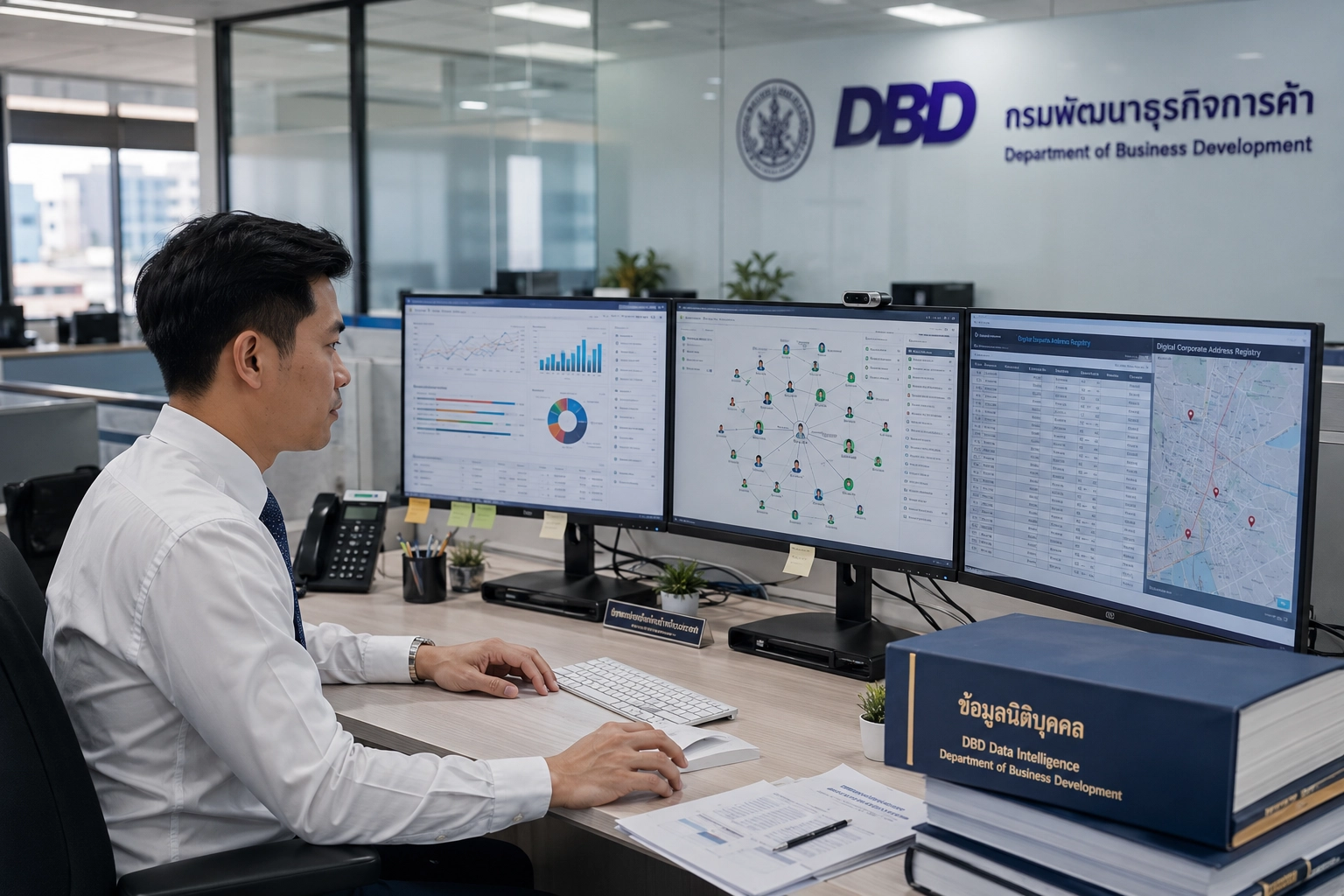 💸 Financing & Legal, 💰 Investing Guides | Thailand Property Ownership for Foreigners in 2026: What Changed After the Nominee Company Crackdown? Department of Business Development officer reviewing corporate ownership and compliance data during Thailand's nominee company crackdown.