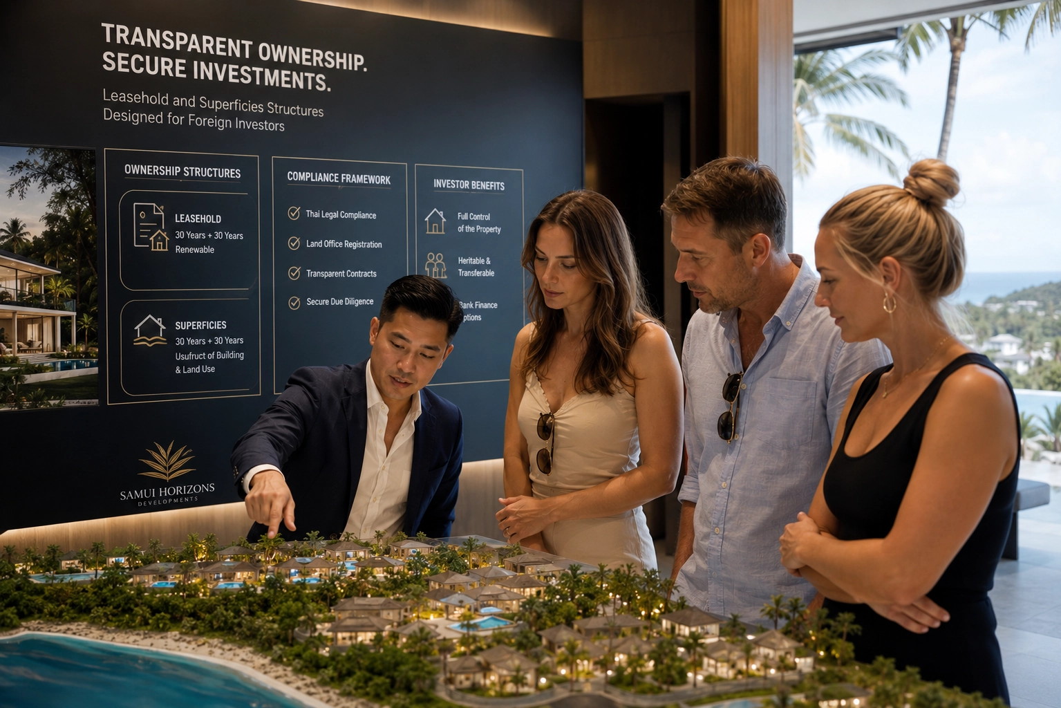 💸 Financing & Legal, 💰 Investing Guides | Thailand Property Ownership for Foreigners in 2026: What Changed After the Nominee Company Crackdown? Foreign property buyers reviewing leasehold and superficies ownership structures at a luxury villa development showroom in Koh Samui.