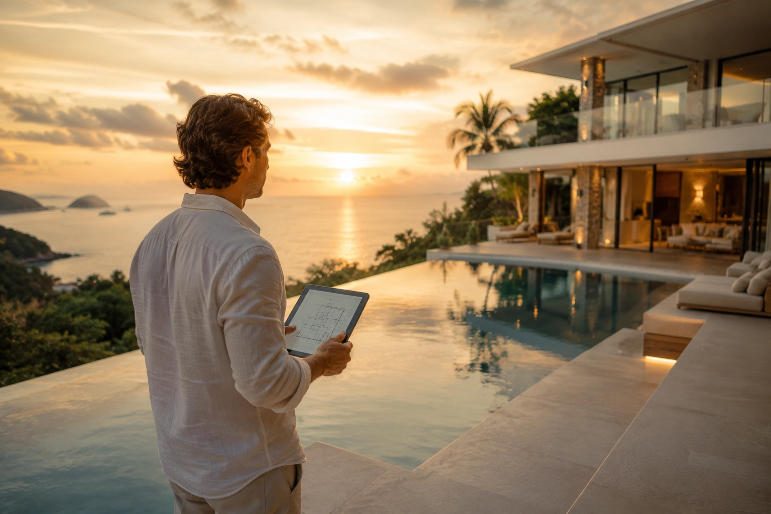 Foreign property buyer reviewing a luxury villa in Phuket during the Thailand nominee company crackdown.