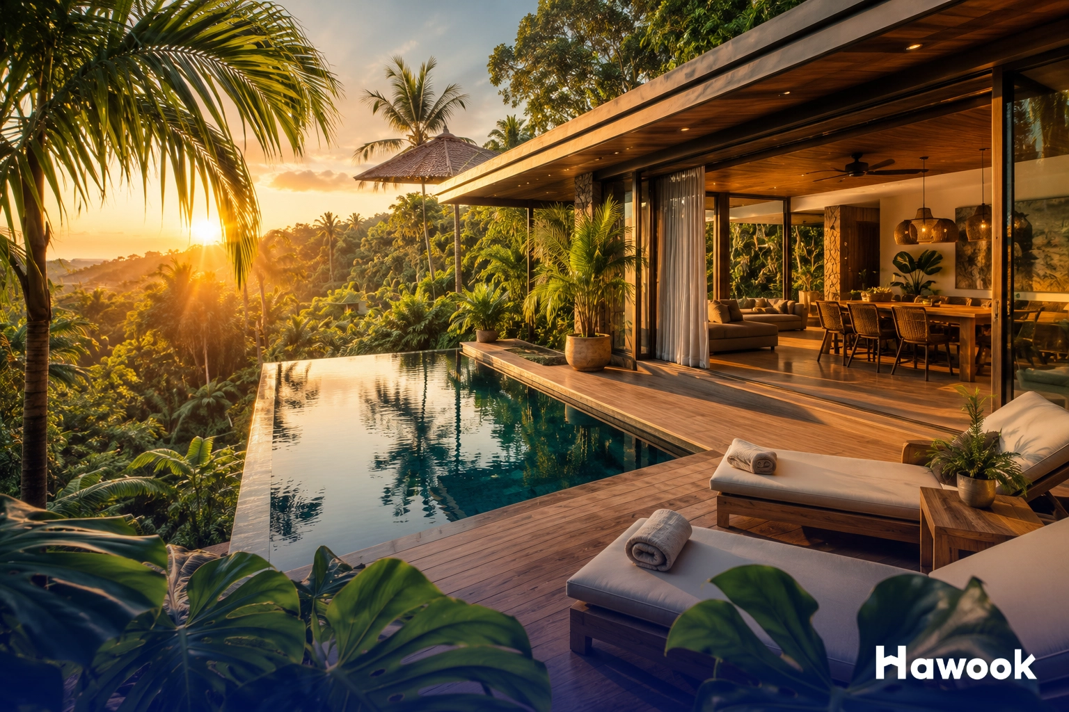 Luxury tropical pool villa in Phuket at sunset, illustrating leasehold villa ownership as part of a Freehold vs Leasehold Thailand property investment comparison.