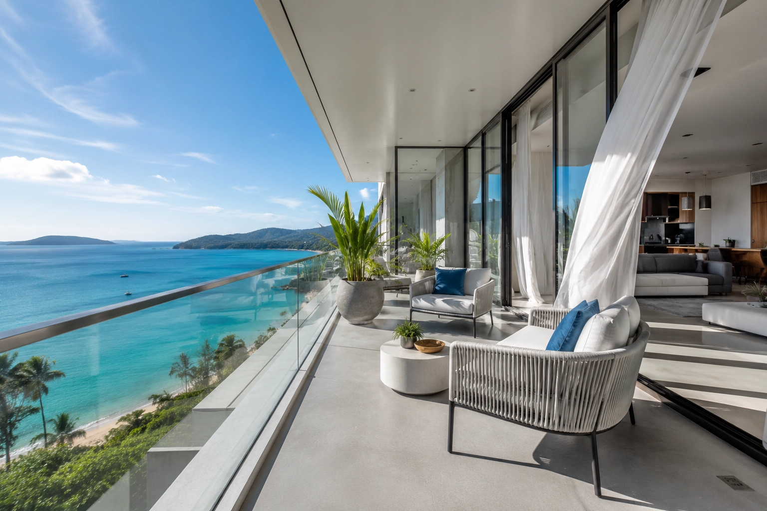 Modern freehold condominium with a panoramic ocean-view balcony in Phuket, illustrating premium condo ownership in a Freehold vs Leasehold Thailand comparison.