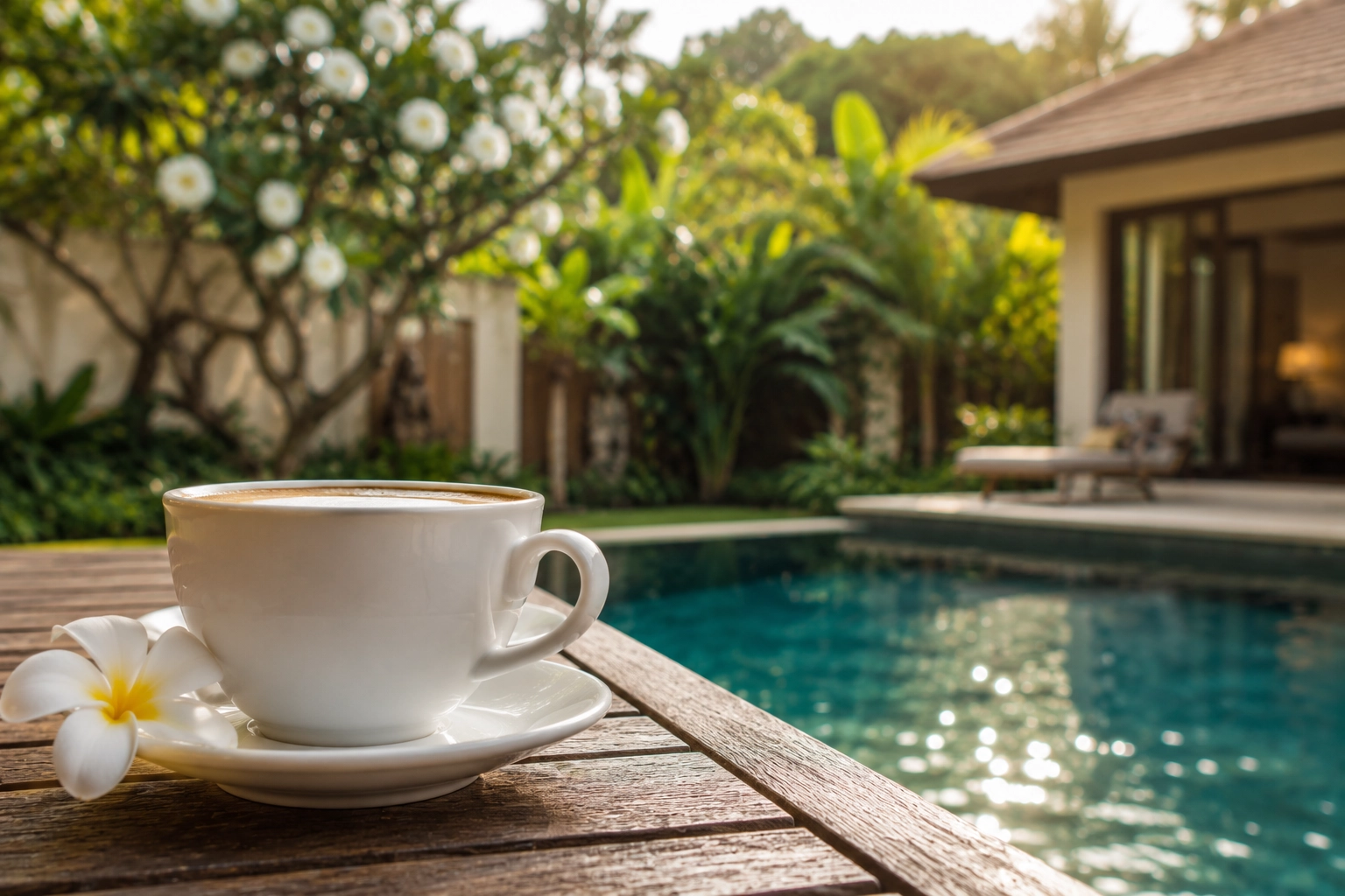 Morning coffee beside a private pool at a tropical villa in Phuket, representing the lifestyle appeal of leasehold villa ownership in a Freehold vs Leasehold Thailand comparison.
