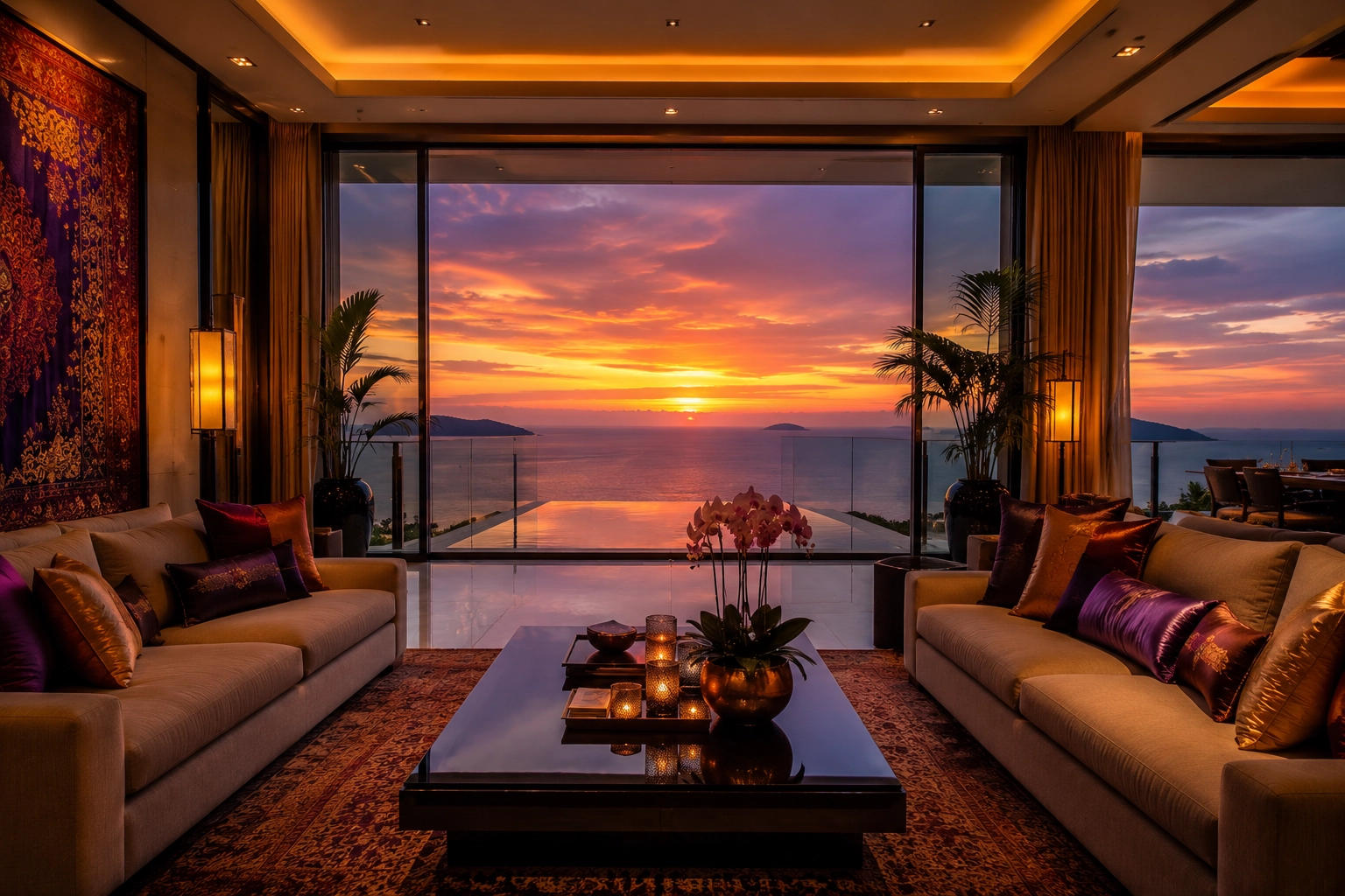 Luxury oceanfront condominium living room overlooking the sunset in Phuket, representing premium freehold condo ownership in a Freehold vs Leasehold Thailand comparison.