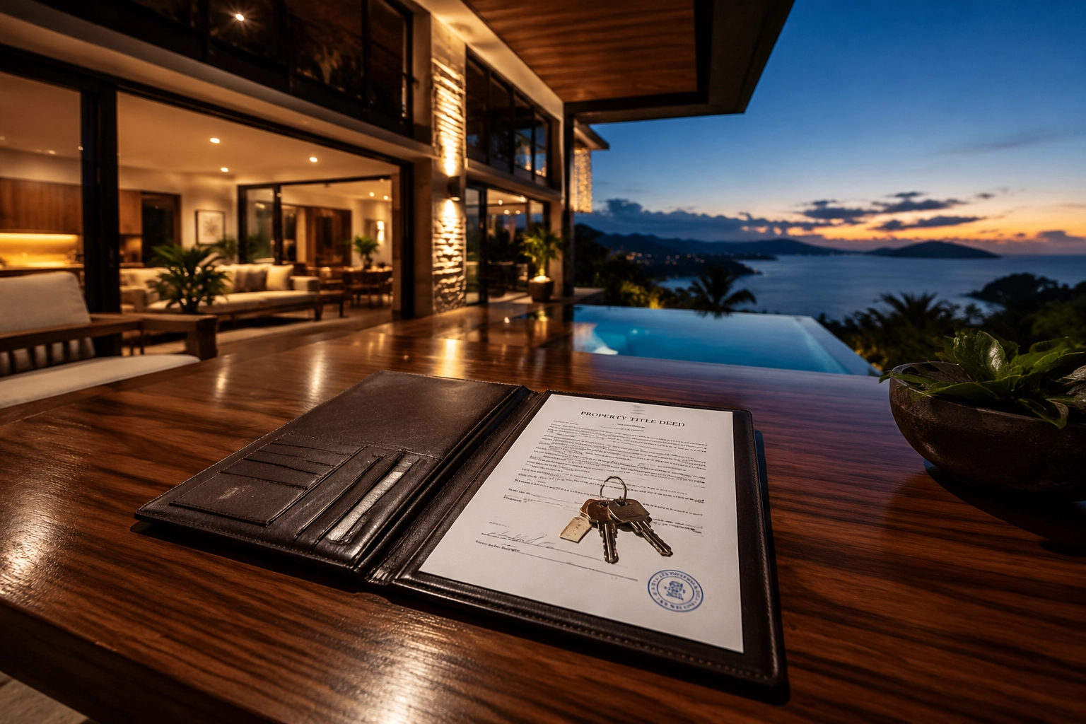 Luxury Phuket property with title deed and keys, representing legal ownership after Thailand's 2026 nominee crackdown.